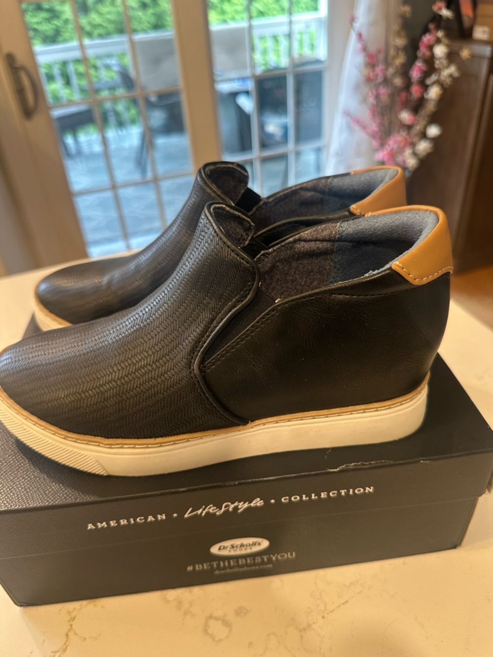 Dr. Scholl's Black Slip-On Wedge Sneakers with Tan Heel Tab